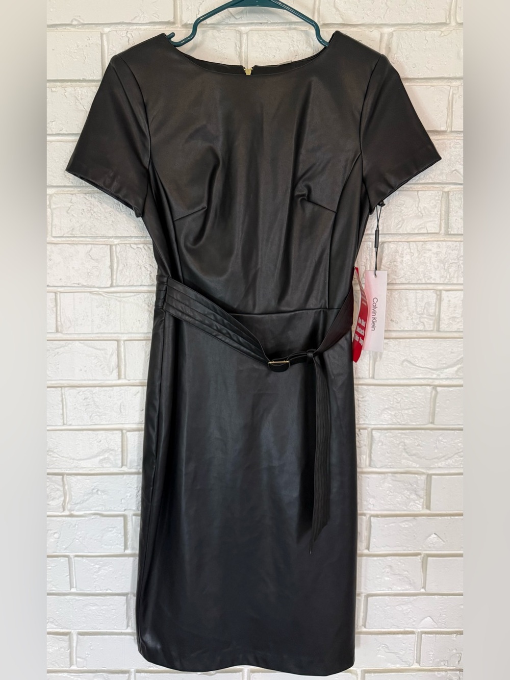 Calvin Klein Black Faux Leather Dress with Gold Accent